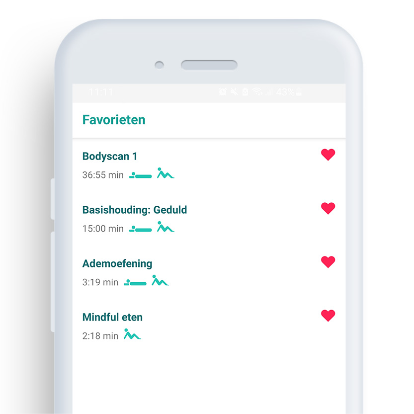 Afbeelding van een telefoon met daarop de Mindfulness coach app op het scherm 'favorieten'